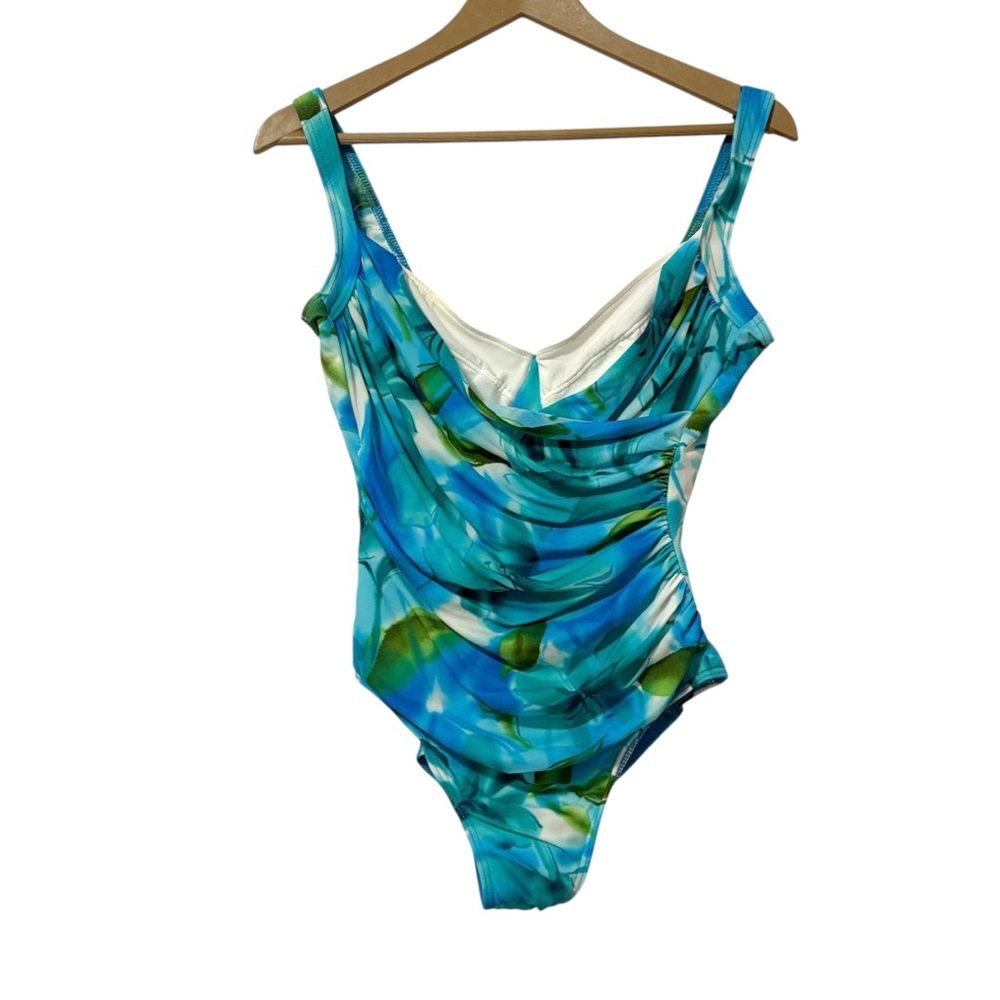 Miraclesuit Size 12 Blue Green Faux Wrap One Piece Swimsuit Travel Beach Resort